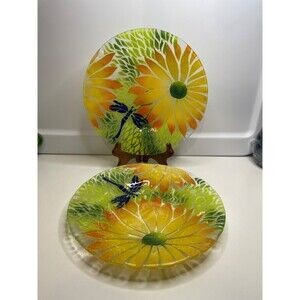 Sydenstricker Fused Glass Plate Handmade signed Orange Flower & Dragonfly